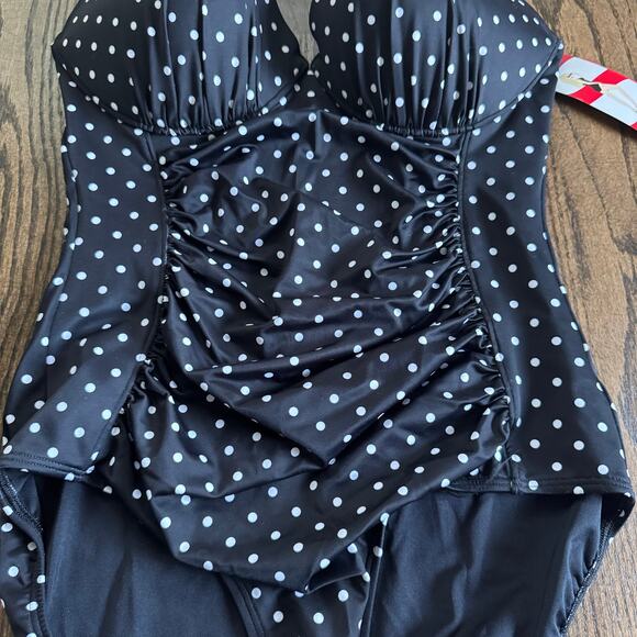 Spanx Underwire Shaping One Piece Ruched Swim Suit Black White Polka Dot Size 14 - Picture 4 of 11